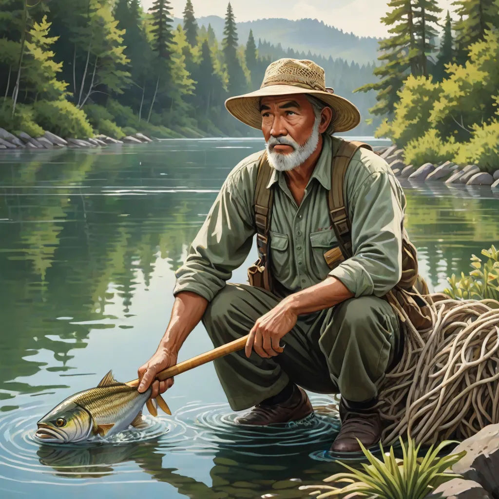 a man with a hat and a fishing rod in a river with a fish in it's mouth, american scene painting, a detailed painting, Dan Mumford, highly detailed digital painting