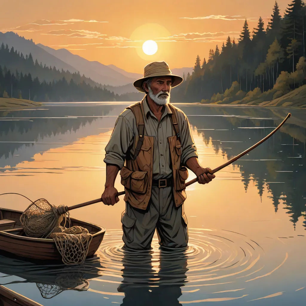 a man standing in a lake holding a fishing pole and a net in his hand while standing in a boat, american scene painting, a storybook illustration, Dan Mumford, highly detailed digital painting