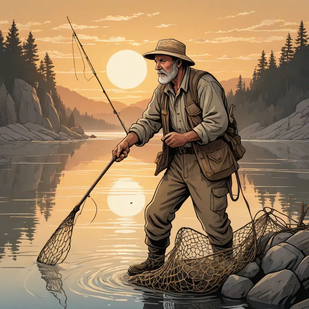 a man standing on a rock holding a fishing net and fishing in the water at sunset with a lake in the background, american scene painting, a storybook illustration, Dan Mumford, highly detailed digital painting