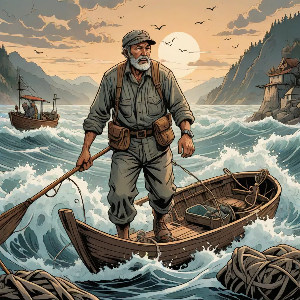 a man in a boat with a fishing pole in the water with a bird flying above him and a boat in the water with a man in the boat, fantasy art, a comic book panel, Dan Mumford, western comic book art