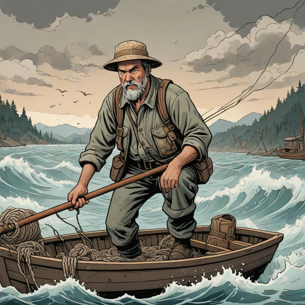 a man in a boat with a fishing pole in the water with a boat in the background and a bird flying overhead, american scene painting, a storybook illustration, F. Scott Hess, western comic book art