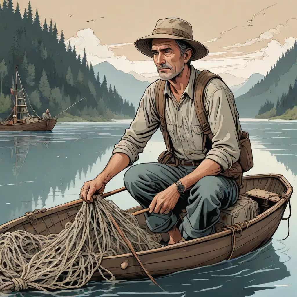 a man in a boat with a fishing net in the water and a boat in the background with a boat on the water, arts and crafts movement, poster art, Edward Otho Cresap Ord, II, western comic book art