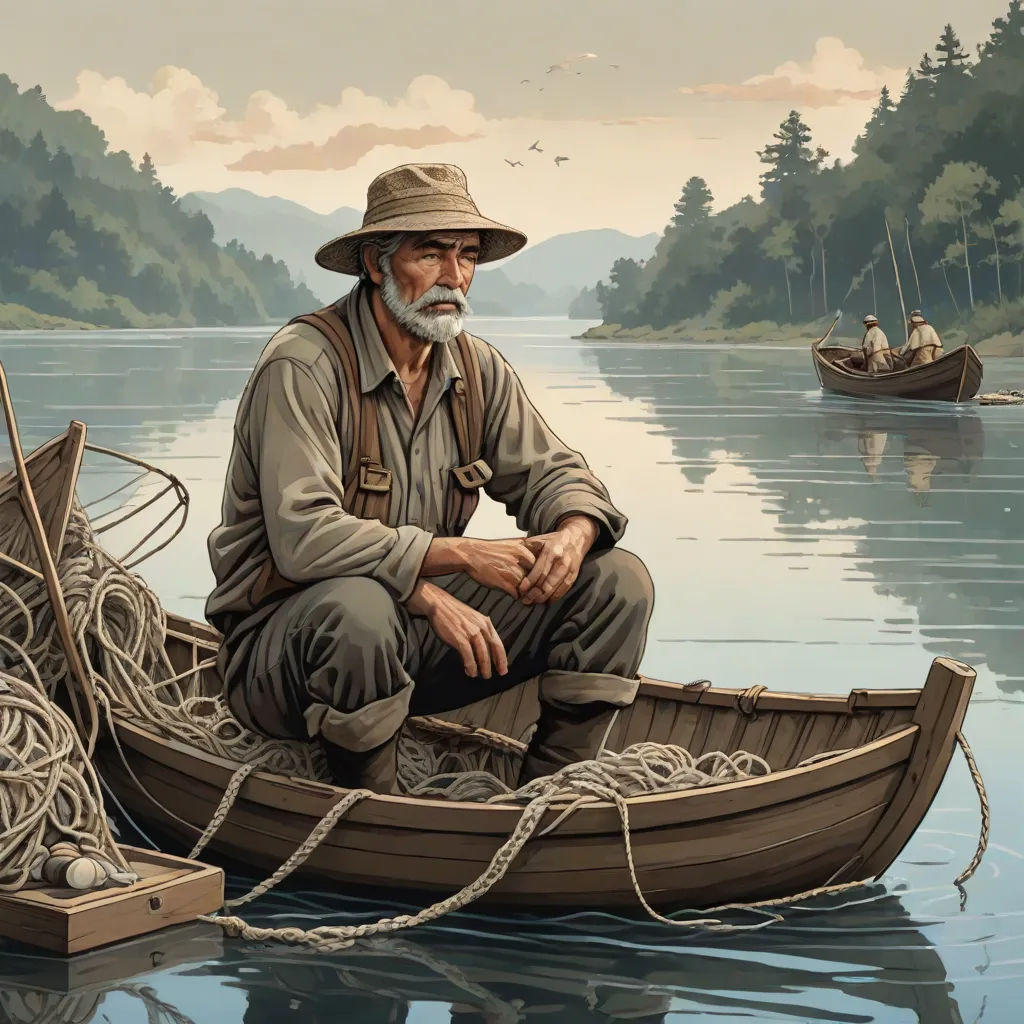 a man sitting in a boat on a lake with a fishing net in his hand and a boat in the water, american scene painting, an ultrafine detailed painting, Dan Mumford, highly detailed digital painting