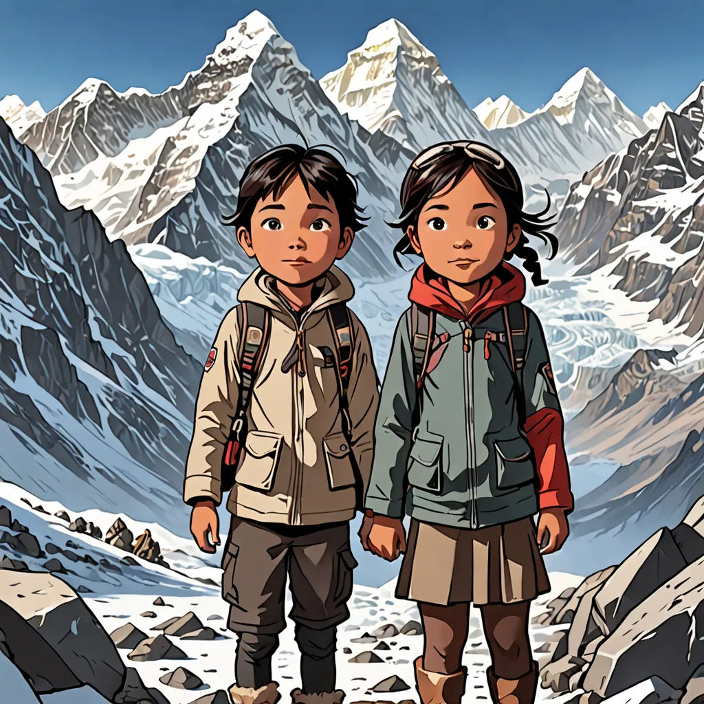 two children standing on a mountain with a view of a snowy mountain range in the background, with a mountain range in the foreground, serial art, poster art, Asaf Hanuka, comic cover art