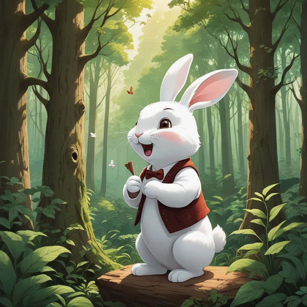 a white rabbit in a forest with a stick in its hand and a butterfly in its mouth, with a red vest on, altermodern, a storybook illustration, Chris LaBrooy, magic the gathering artwork