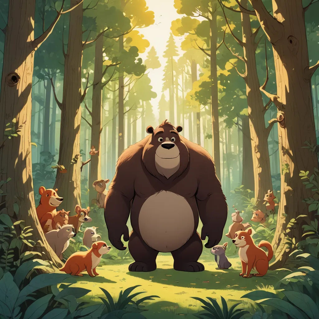 a big bear standing in the middle of a forest with many other animals around him and a forest background, furry art, a storybook illustration, Chris LaBrooy, promotional image