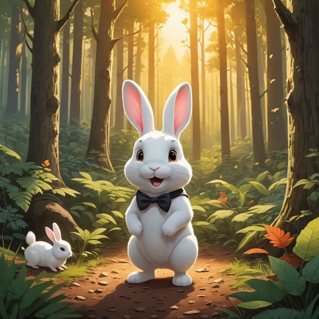 a rabbit and a bunny rabbit in a forest with sun shining through the trees and leaves on the ground, furry art, a storybook illustration, Chris LaBrooy, rossdraws global illumination