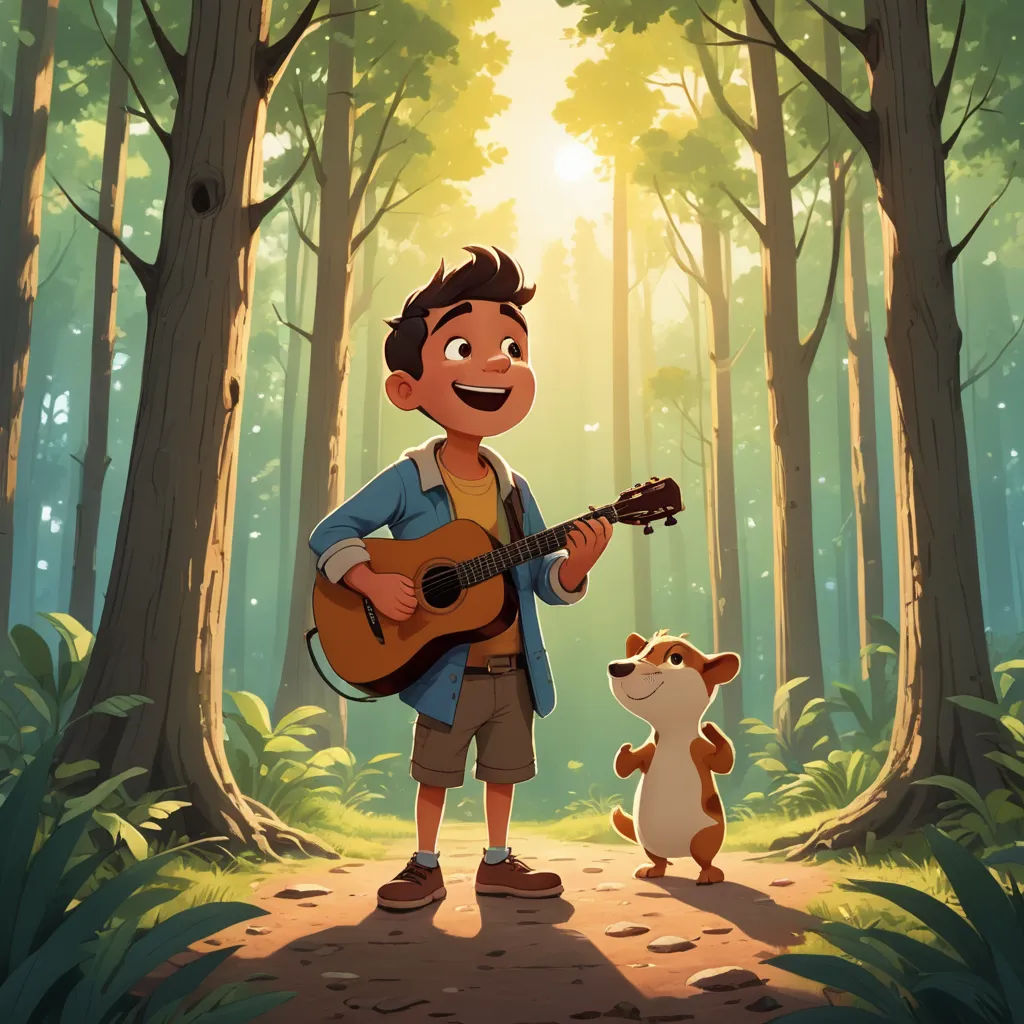 a boy playing a guitar in the woods with a dog looking on from the woods behind him, with a dog looking at him, sots art, a storybook illustration, Diego Gisbert Llorens, promotional image