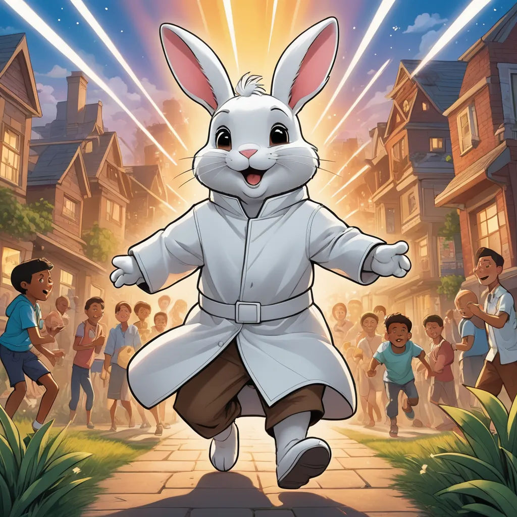 a cartoon bunny is running in front of a crowd of children in a neighborhood with a bright light coming from behind him, magical realism, a storybook illustration, Beatrix Potter, comic cover art