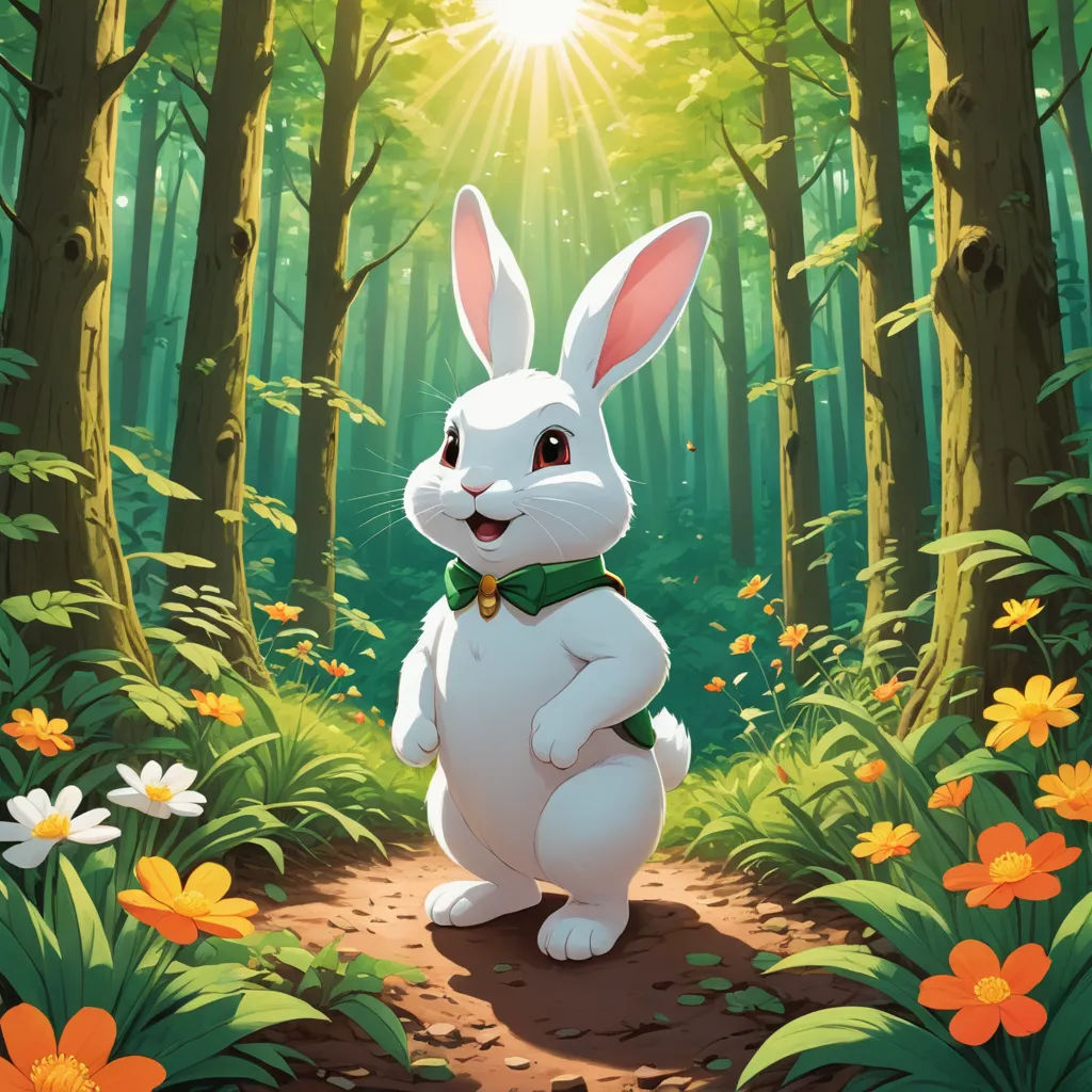 a white rabbit standing in the middle of a forest with flowers and trees around it, with the sun shining through the trees, altermodern, a storybook illustration, Chris LaBrooy, rossdraws global illumination