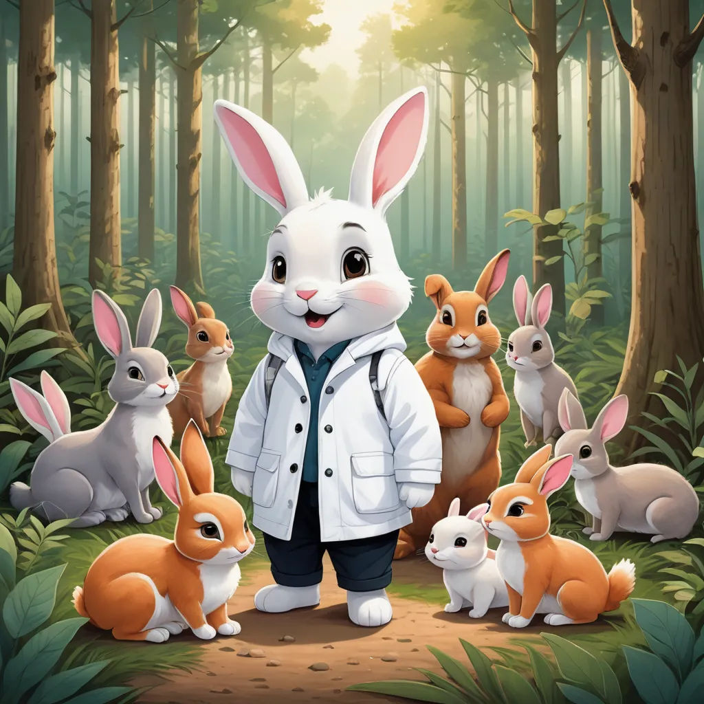a rabbit in a white coat surrounded by rabbits in a forest with trees and grass, with a forest background, furry art, a storybook illustration, Dr. Atl, official art