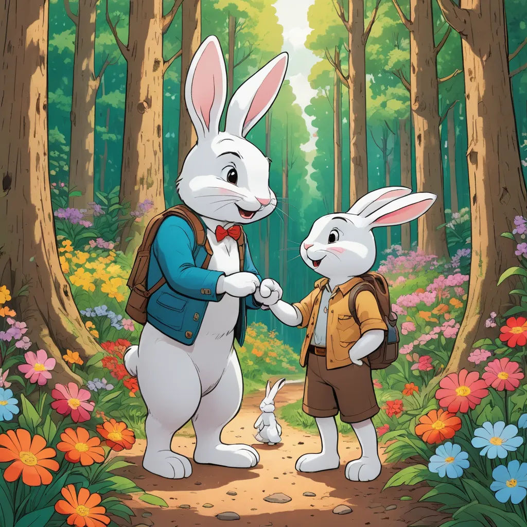 a couple of rabbits standing next to each other in a forest with flowers and trees behind them and a boy holding the hand of the bunny, furry art, a storybook illustration, Beatrix Potter, official art