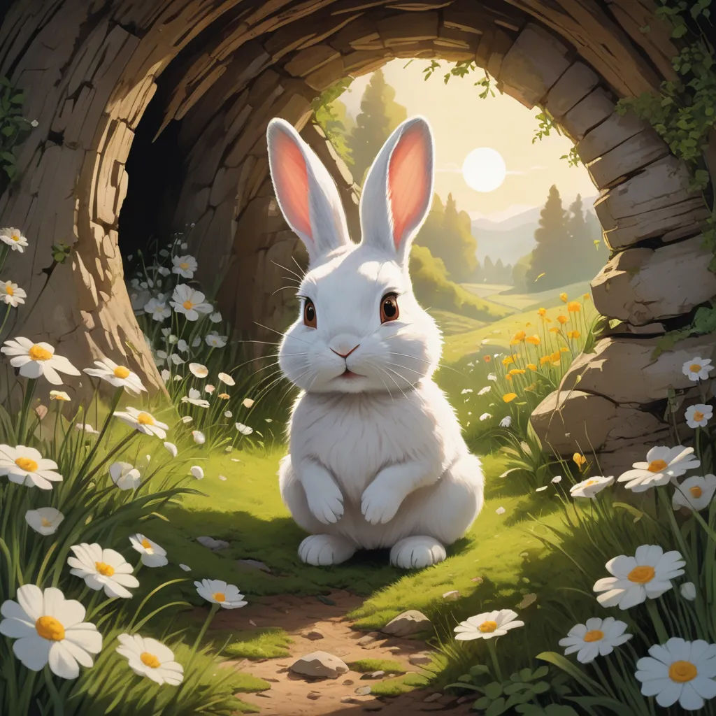 a painting of a rabbit sitting in a field of flowers and grass with a tunnel in the background that has a sun shining through, altermodern, a storybook illustration, Chris LaBrooy, rossdraws global illumination