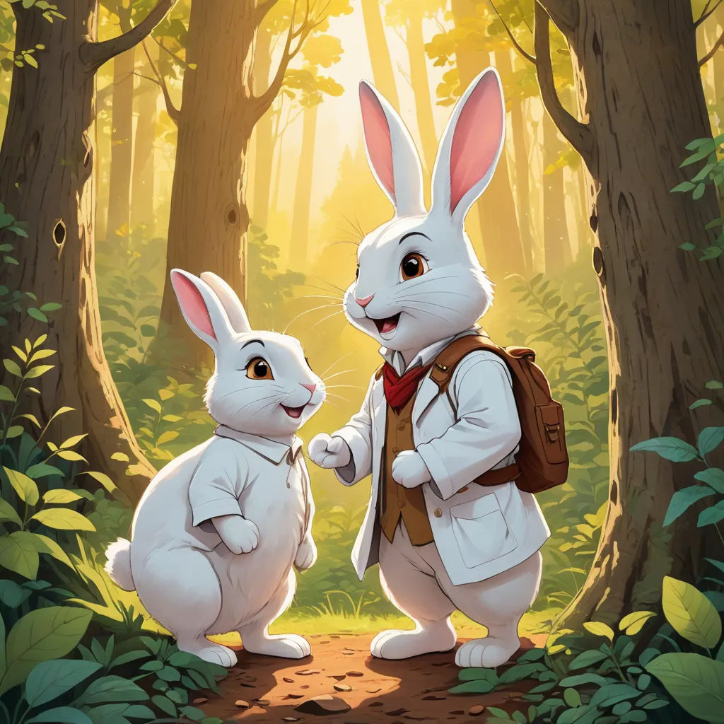 a couple of rabbits standing next to each other in a forest with trees and bushes behind them, one of them is holding the other's hand, altermodern, a storybook illustration, Chris LaBrooy, official art