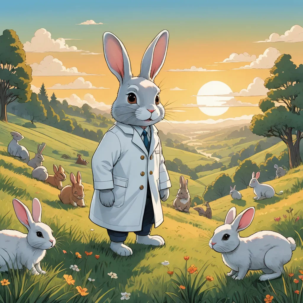a cartoon of a man in a trench coat and rabbits in a field at sunset with a sun in the background, furry art, a storybook illustration, Dan Mumford, josan gonzales and dan mumford