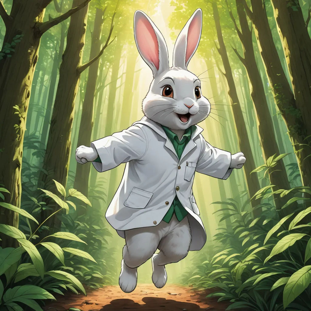 a rabbit dressed in a suit and tie is jumping in the air in a forest with sunlight coming through the trees, altermodern, a comic book panel, Dr. Atl, official art