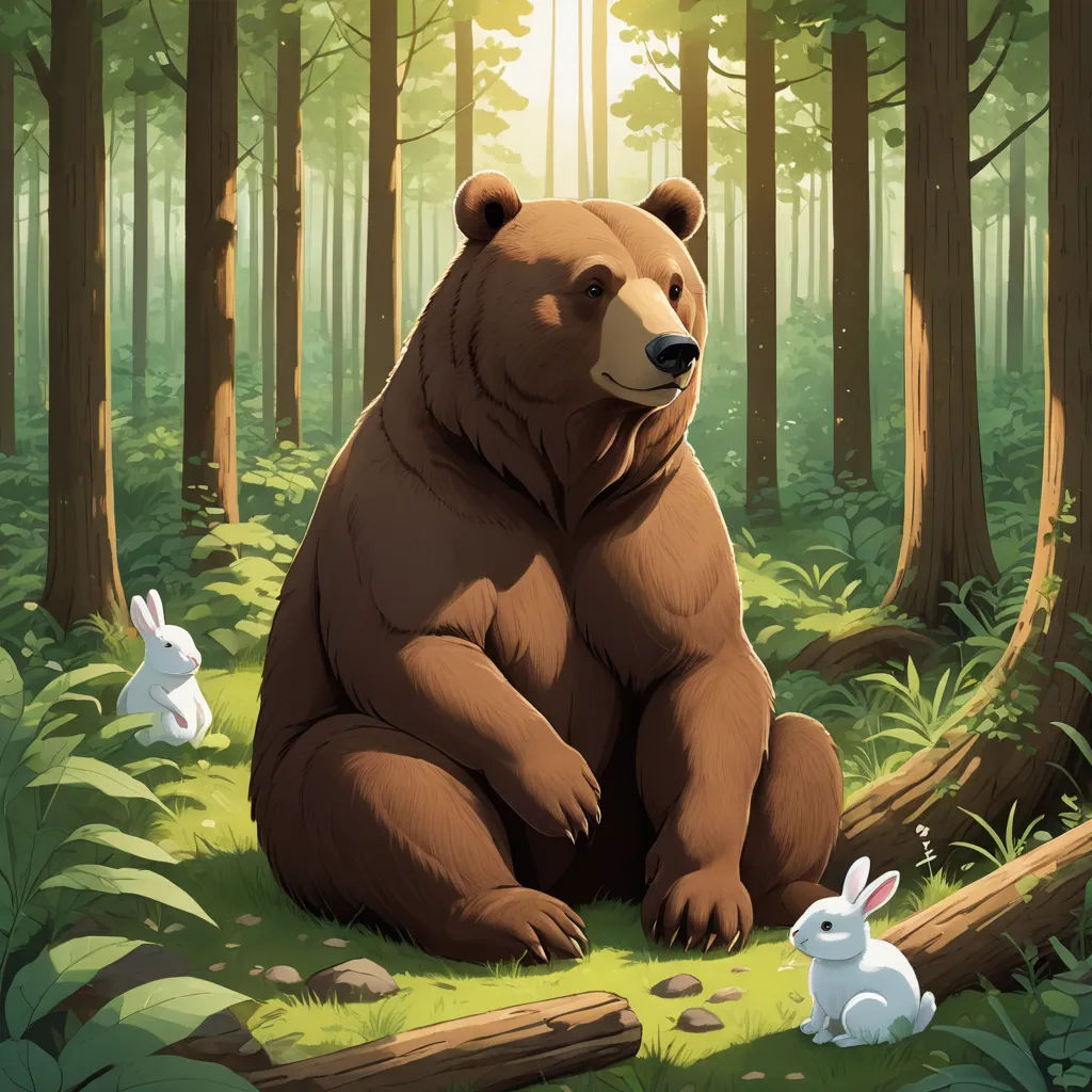 a bear and a rabbit are sitting in the woods together, with the sun shining through the trees behind them, furry art, a character portrait, Chris LaBrooy, official art