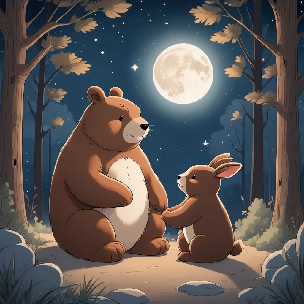 a bear and a rabbit sitting in the woods at night with the moon in the background and stars in the sky, space art, a storybook illustration, Diego Gisbert Llorens, storybook illustration