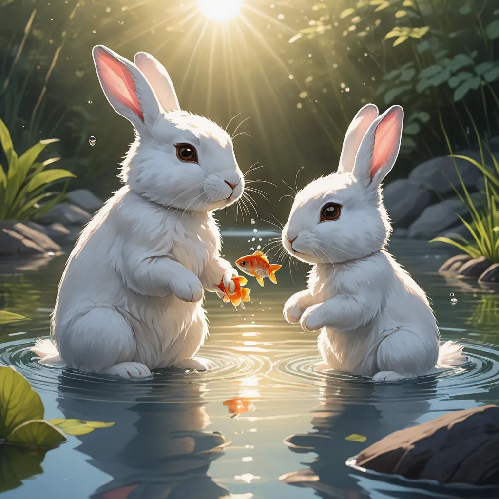 two white rabbits sitting in a pond with a fish in their mouths and one of them is looking at the other, furry art, a digital painting, David Martin, rossdraws global illumination