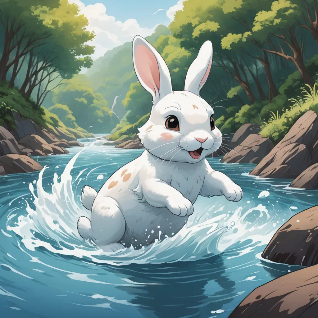 a white rabbit is in the water near rocks and trees, and a stream is running through it with a rock in the foreground, altermodern, a storybook illustration, Chris Rallis, magic the gathering artwork