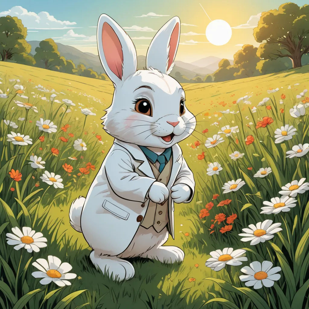 a cartoon bunny in a suit and tie in a field of flowers with a sun in the background and a field of daisies, furry art, a character portrait, Beatrix Potter, official art