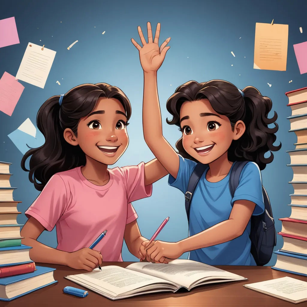 two girls are sitting at a table with books and a book in front of them, and one girl is raising her hand, paris school, a storybook illustration, Diego Gisbert Llorens, storybook illustration