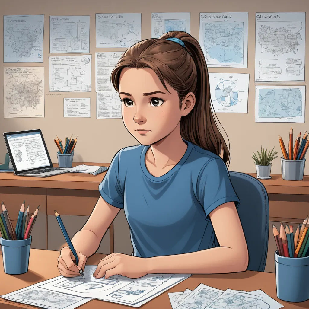 a girl sitting at a desk with a laptop and a pen in her hand and a lot of papers on the desk, academic art, a character portrait, artist, comic cover art