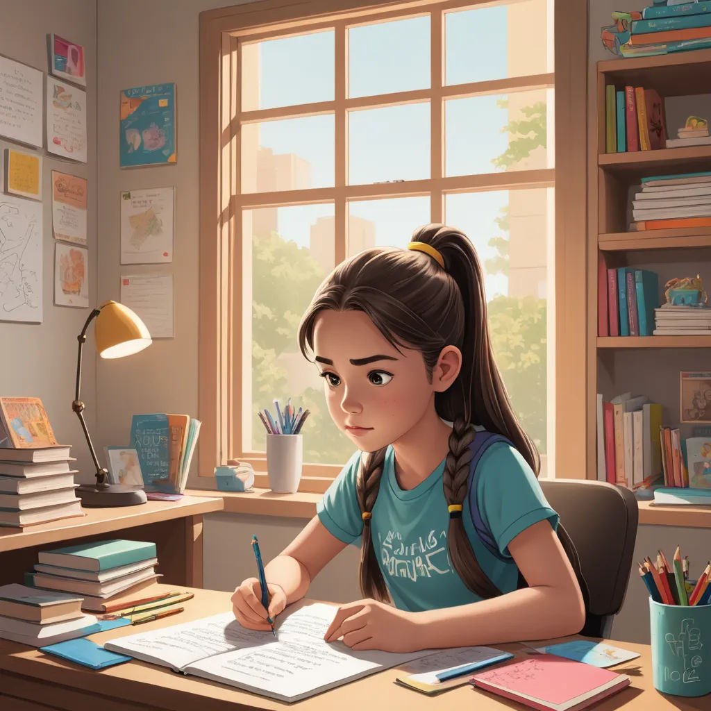 a girl sitting at a desk with a book and pen in her hand and a book on her desk, photorealism, a storybook illustration, Chris LaBrooy, rossdraws global illumination