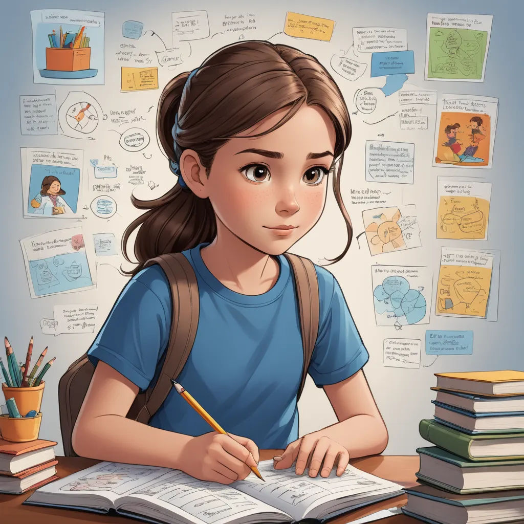 a girl is sitting at a desk with books and a pencil in her hand and a notebook in front of her, academic art, a storybook illustration, artist, trending on art station