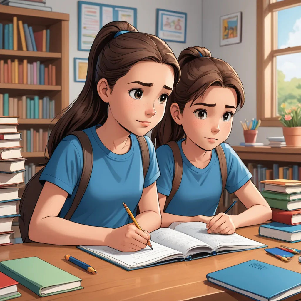 two girls sitting at a desk with books and a pen in their hands and a book in front of them, academic art, a storybook illustration, Cyril Rolando, trending on art station