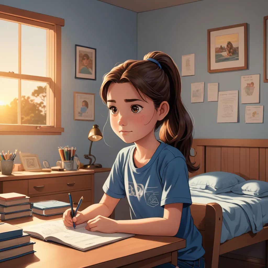 a girl sitting at a desk with a pen and paper in her hand and a book on the desk, academic art, a storybook illustration, Artgerm, rossdraws global illumination