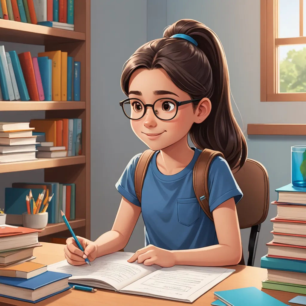 a girl sitting at a desk with a book and a pen in her hand and a bookcase in the background, academic art, a storybook illustration, Diego Gisbert Llorens, trending on art station