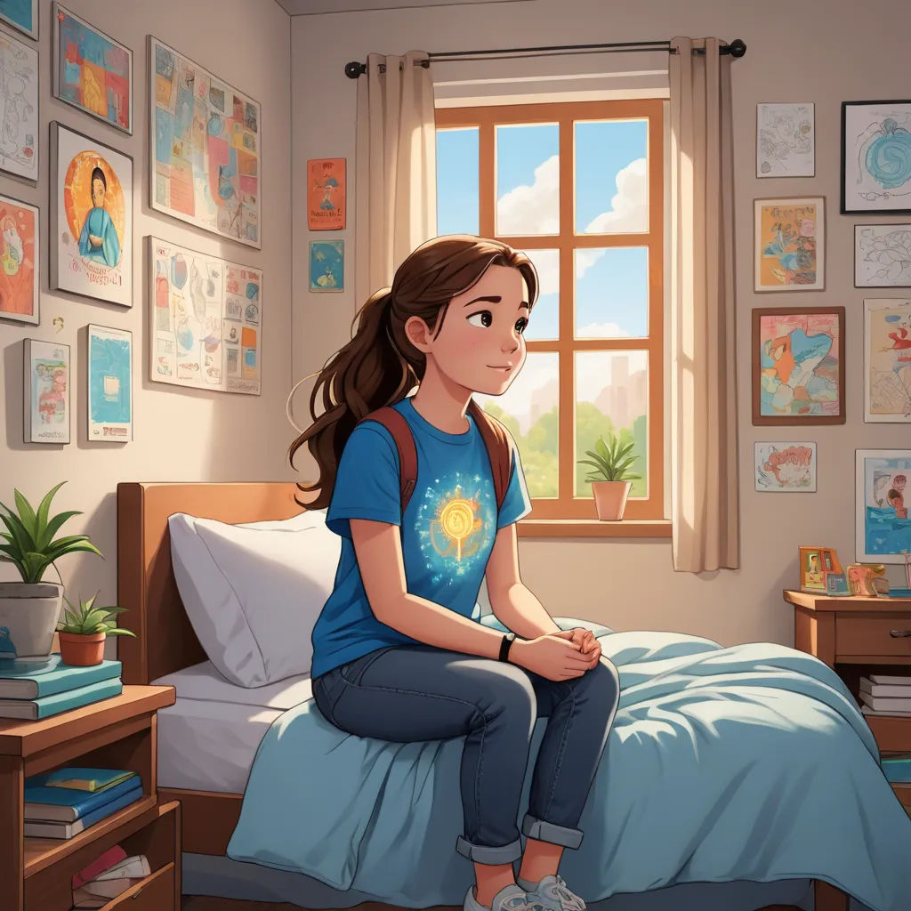 a girl sitting on a bed in a bedroom with a window and a lot of pictures on the wall, light and space, a storybook illustration, Chris LaBrooy, rossdraws global illumination