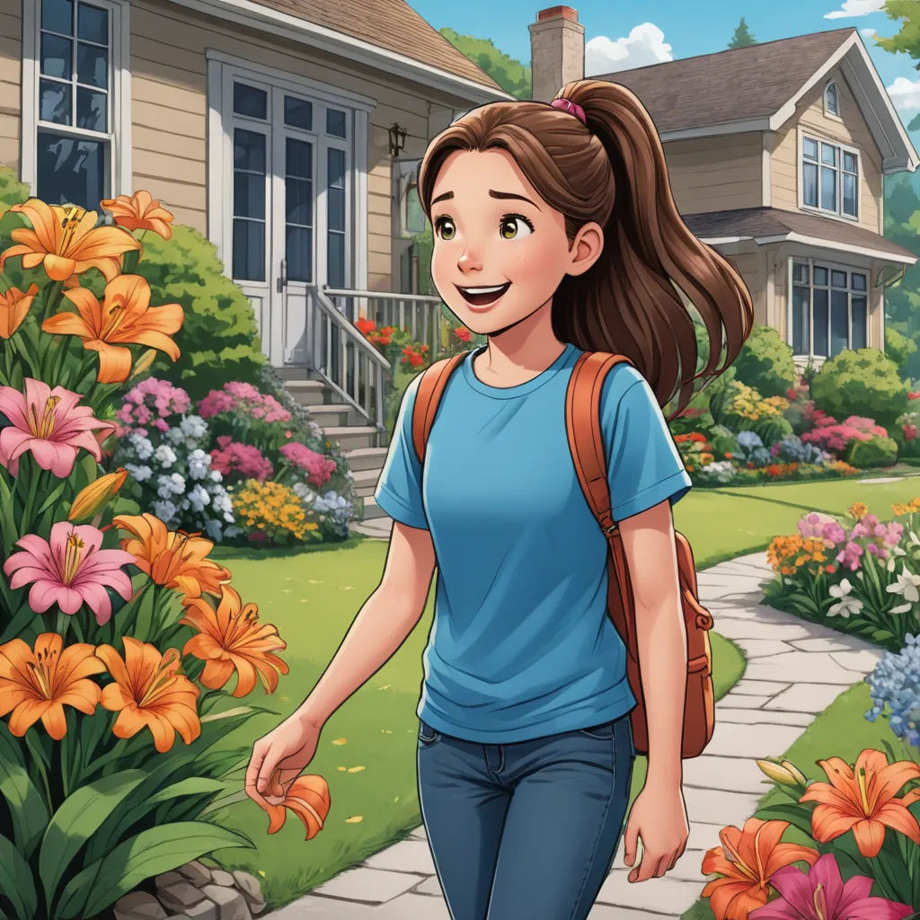 a girl walking in front of a house with flowers in the yard and a house behind her with a flower garden, american scene painting, a character portrait, Elinor Proby Adams, official art
