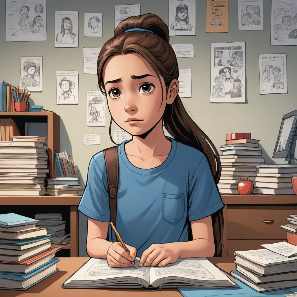 a girl sitting at a desk with a book and a pencil in her hand and a lot of books on the desk, sots art, a character portrait, Artgerm, graphic novel