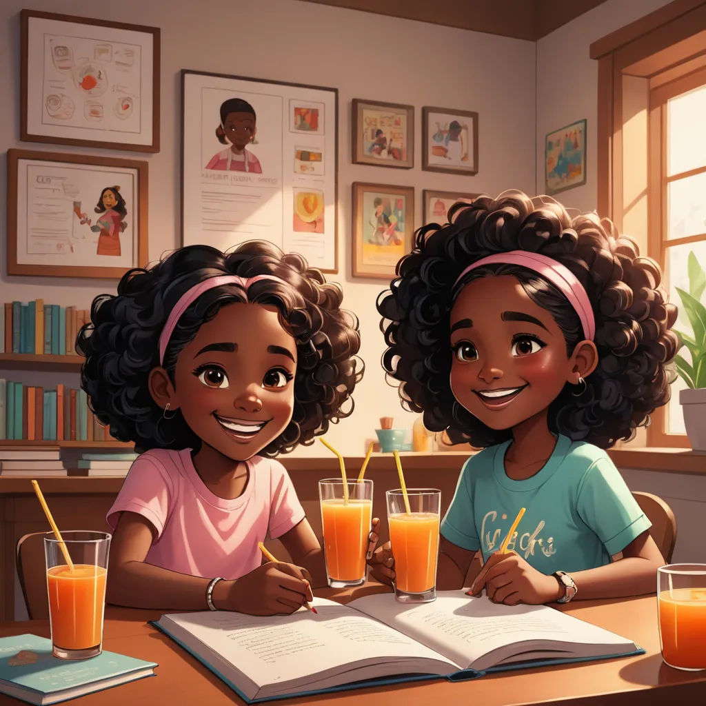 two children sitting at a table with a book and orange juice in front of them, and a book with a book open, academic art, a storybook illustration, Chris LaBrooy, trending on art station