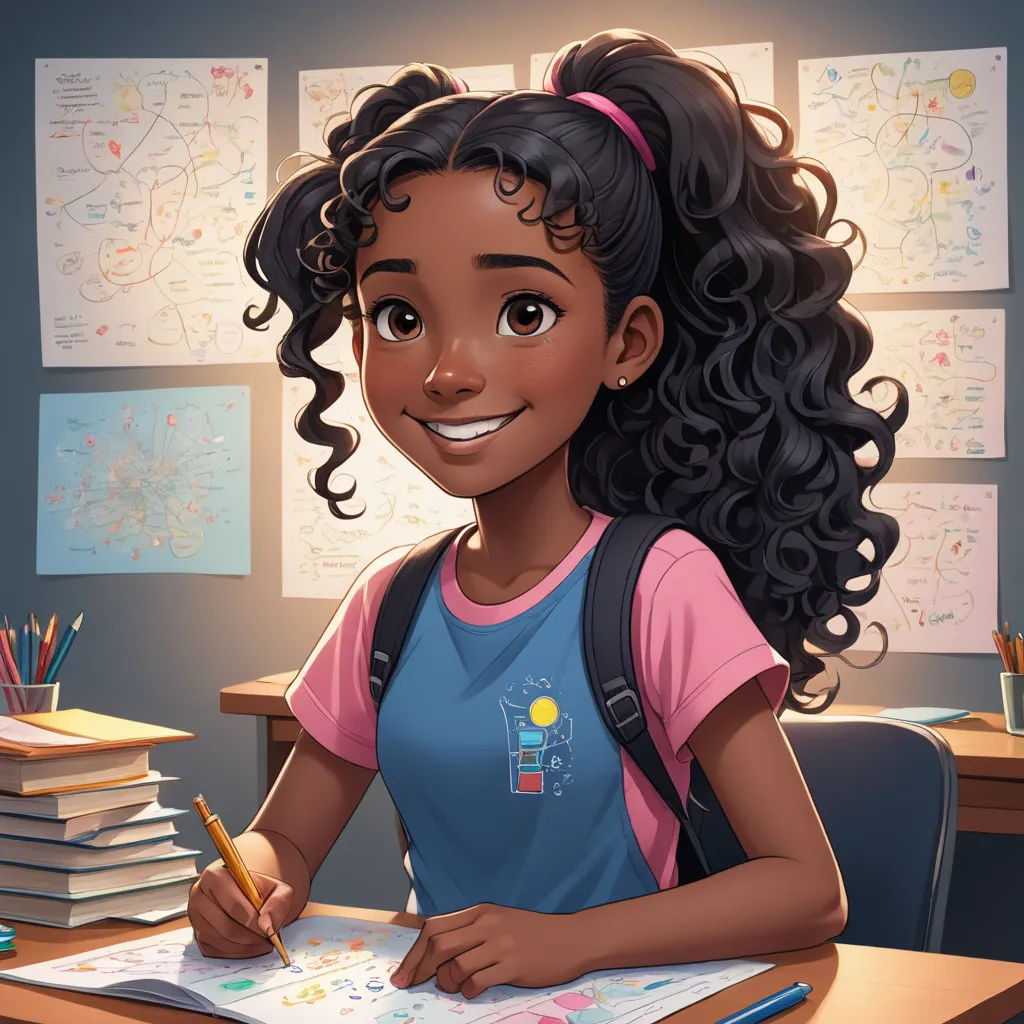 a cartoon girl is sitting at a desk with a book and pencil in her hand and a stack of books behind her, sots art, a character portrait, Alexis Simon Belle, rossdraws global illumination