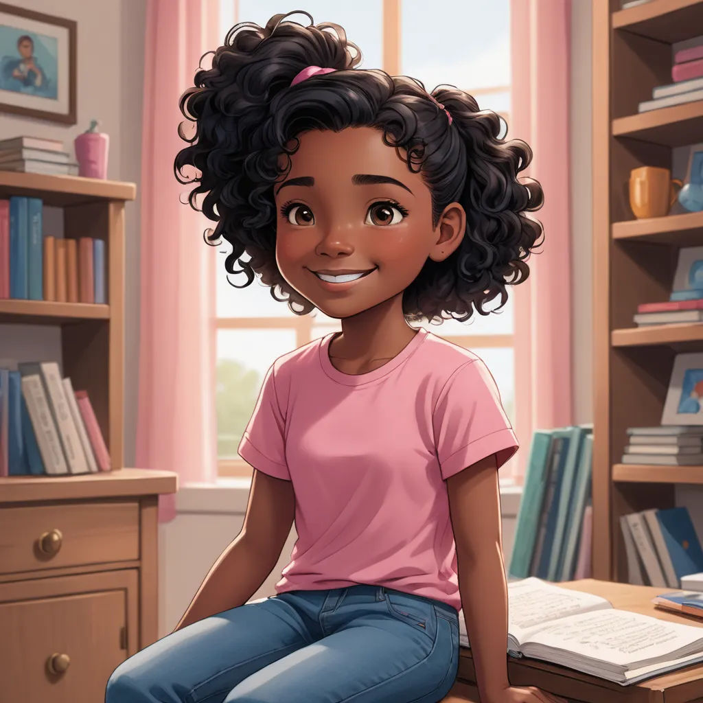 a cartoon girl sitting on a desk with a book in front of her and a bookcase in the background, american scene painting, a character portrait, Chinwe Chukwuogo-Roy, kinkade