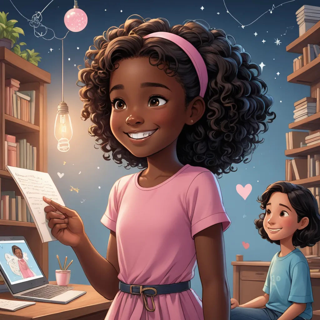 a cartoon girl holding a piece of paper in front of a laptop computer and a girl sitting at a desk, space art, a storybook illustration, Chinwe Chukwuogo-Roy, storybook illustration