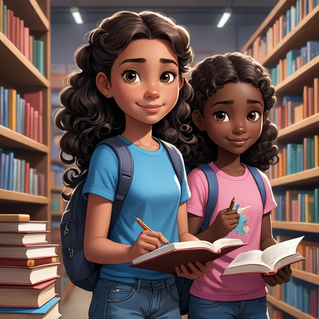 a couple of girls standing next to each other in a library with books on the shelves and a bookcase full of books, photorealism, a storybook illustration, Chris LaBrooy, official art