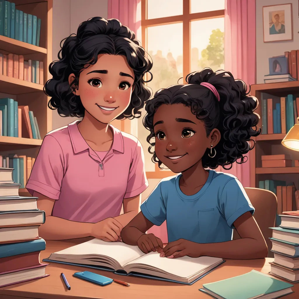 a girl and a girl are sitting at a table with books and a lamp in front of them, and a bookcase is behind them, academic art, a storybook illustration, Ada Gladys Killins, storybook illustration