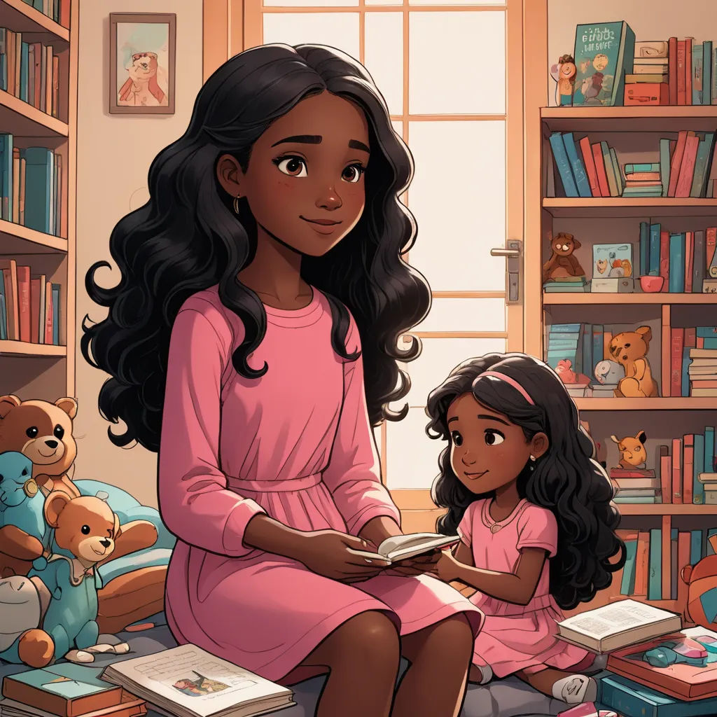 a woman and a girl sitting on a bed in a room with books and stuffed animals on the floor, context art, a storybook illustration, Alexis Simon Belle, comic cover art