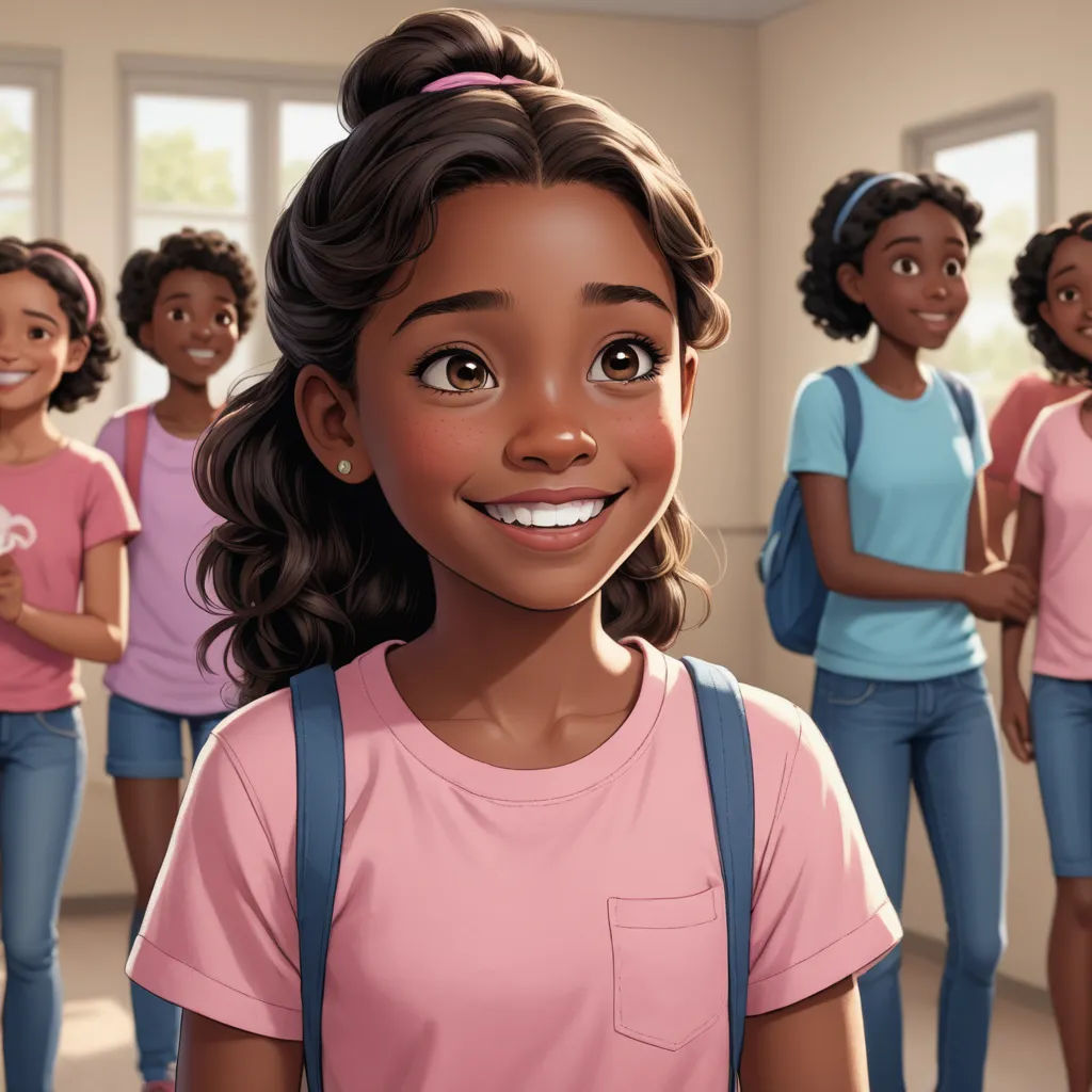 a cartoon of a girl with a group of other girls in the background in a room with windows and a door, rayonism, concept art, disney, official art