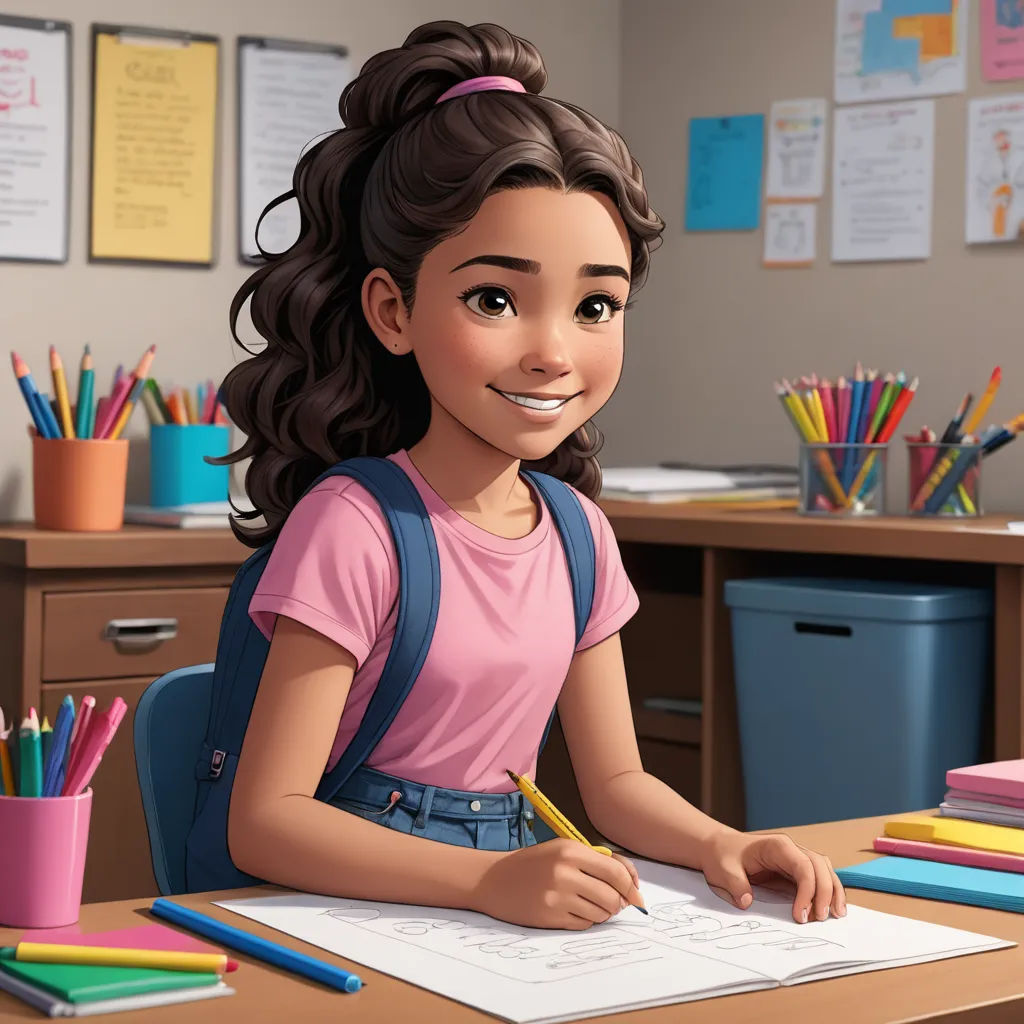 a cartoon girl sitting at a desk with a pencil and paper in her hand and a book in her lap, photorealism, concept art, Ada Gladys Killins, cgstudio