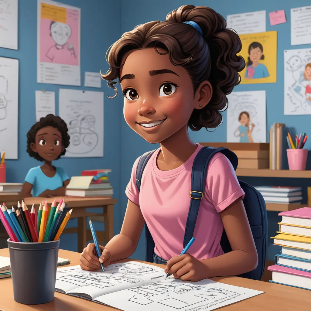 a cartoon girl is sitting at a desk with a pencil and paper in front of her and a girl in the background, photorealism, a storybook illustration, Chris LaBrooy, trending on art station