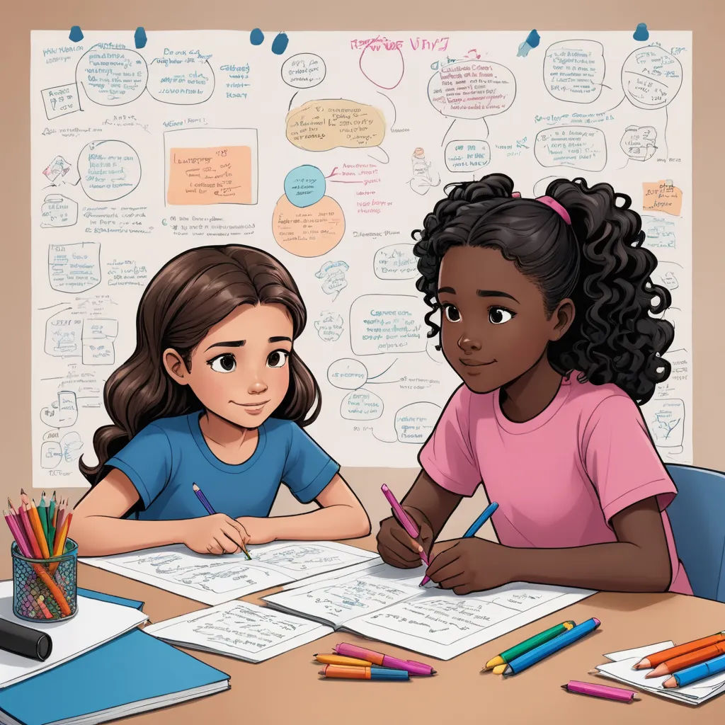 two girls sitting at a table with a notebook and pencils in front of them, with a whiteboard in the background, academic art, a storybook illustration, artist, comic cover art