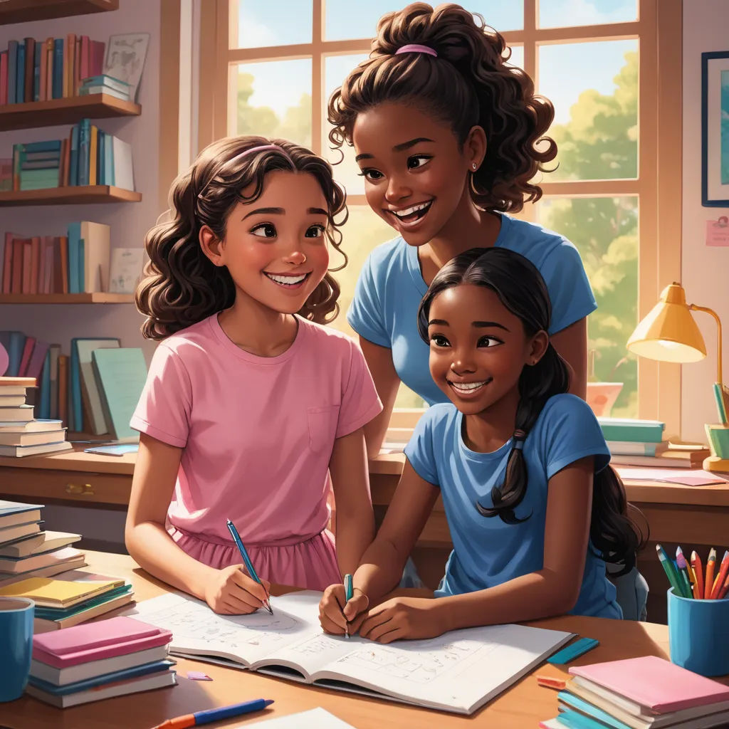 a painting of three girls sitting at a desk with a book and pencils in front of them and a window, american scene painting, a storybook illustration, Alexis Simon Belle, official art