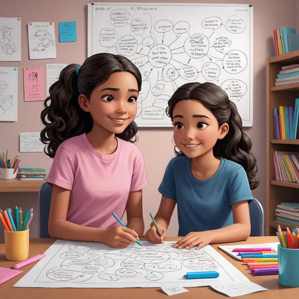 two girls sitting at a desk with a large coloring book and pencils in front of them, with a drawing of a woman and a girl, process art, a storybook illustration, disney, cgstudio