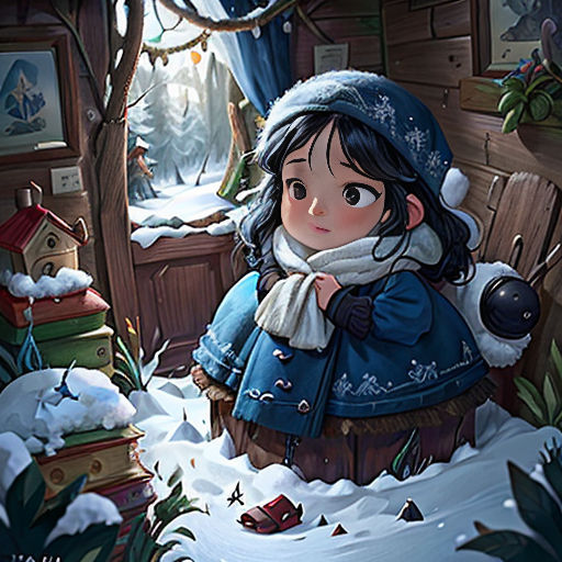 a girl in a blue coat and hat standing in a snowy area with a birdhouse and a birdhouse