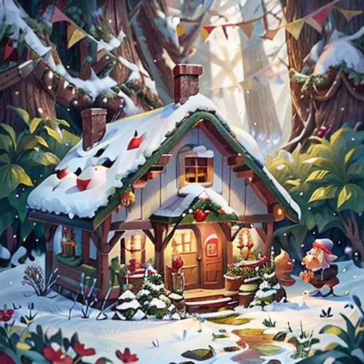 a christmas scene with a house in the snow and a christmas tree in the background with a garland of lights
